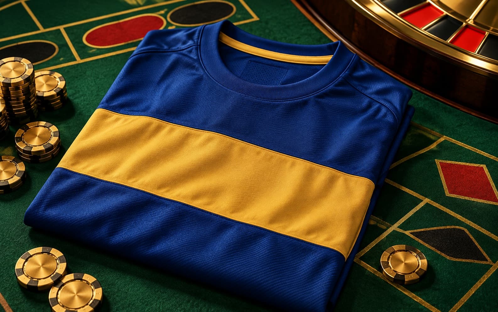 Camiseta azul y oro sobre un paño de ruleta con fichas doradas